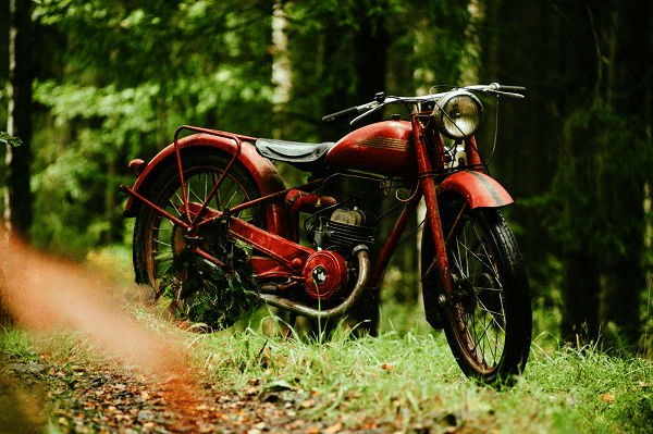 Moto rouge vintage garée dans une forêt