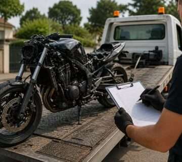 Épaviste moto agréé contrôlant une moto accidentée avant son enlèvement