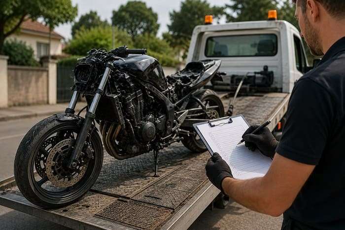 Épaviste moto agréé contrôlant une moto accidentée avant son enlèvement